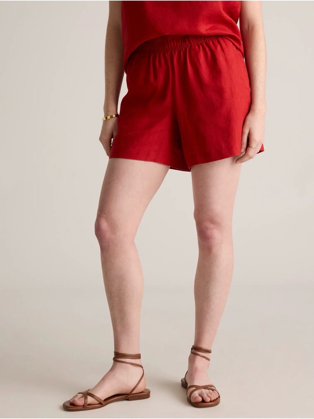 Quince Red High-Waist Elastic Linen-Blend Shorts